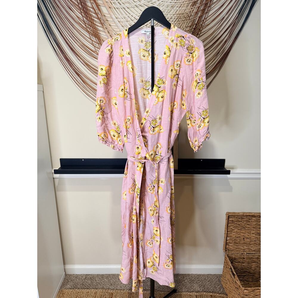 Madewell wrap, pink fluor puff sleeve dress EUC S 3643